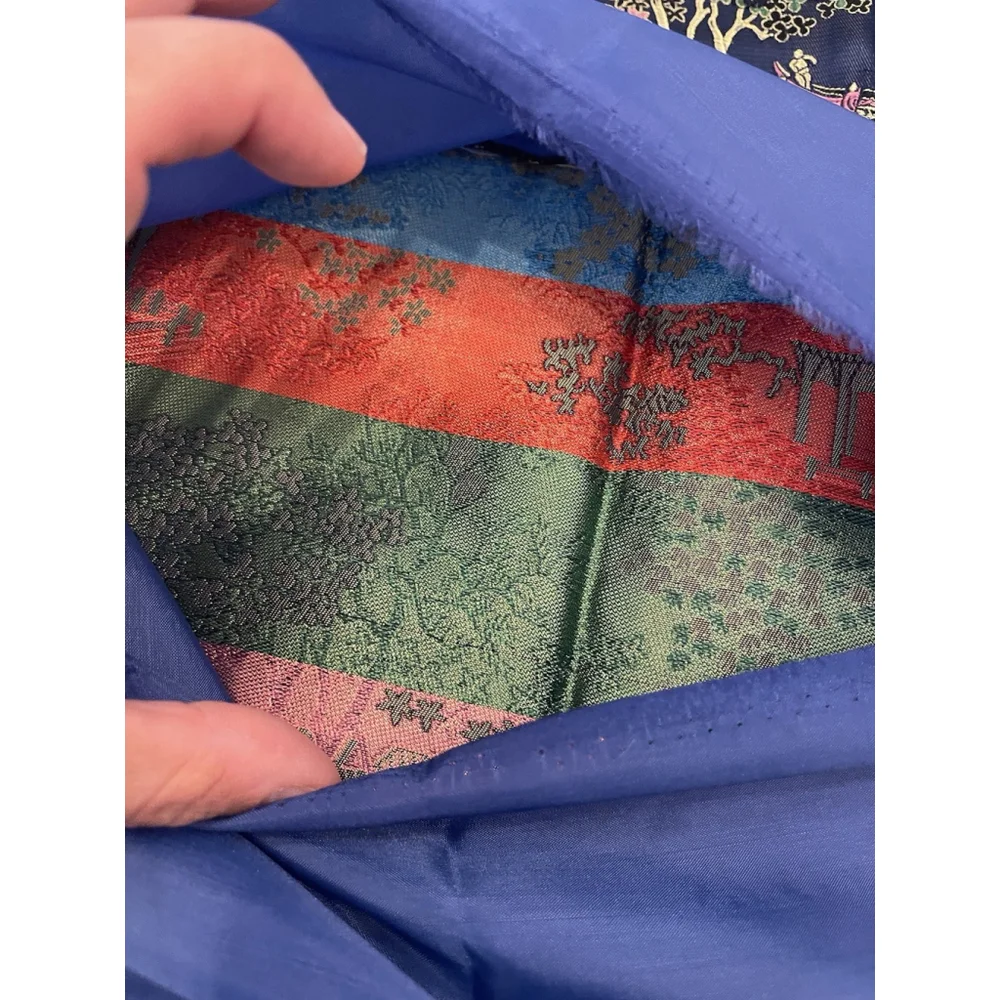 NOS Set of 2 Asian Blue Brocade Pillow Covers Fringe Trim 16.5x16.5 Pagoda